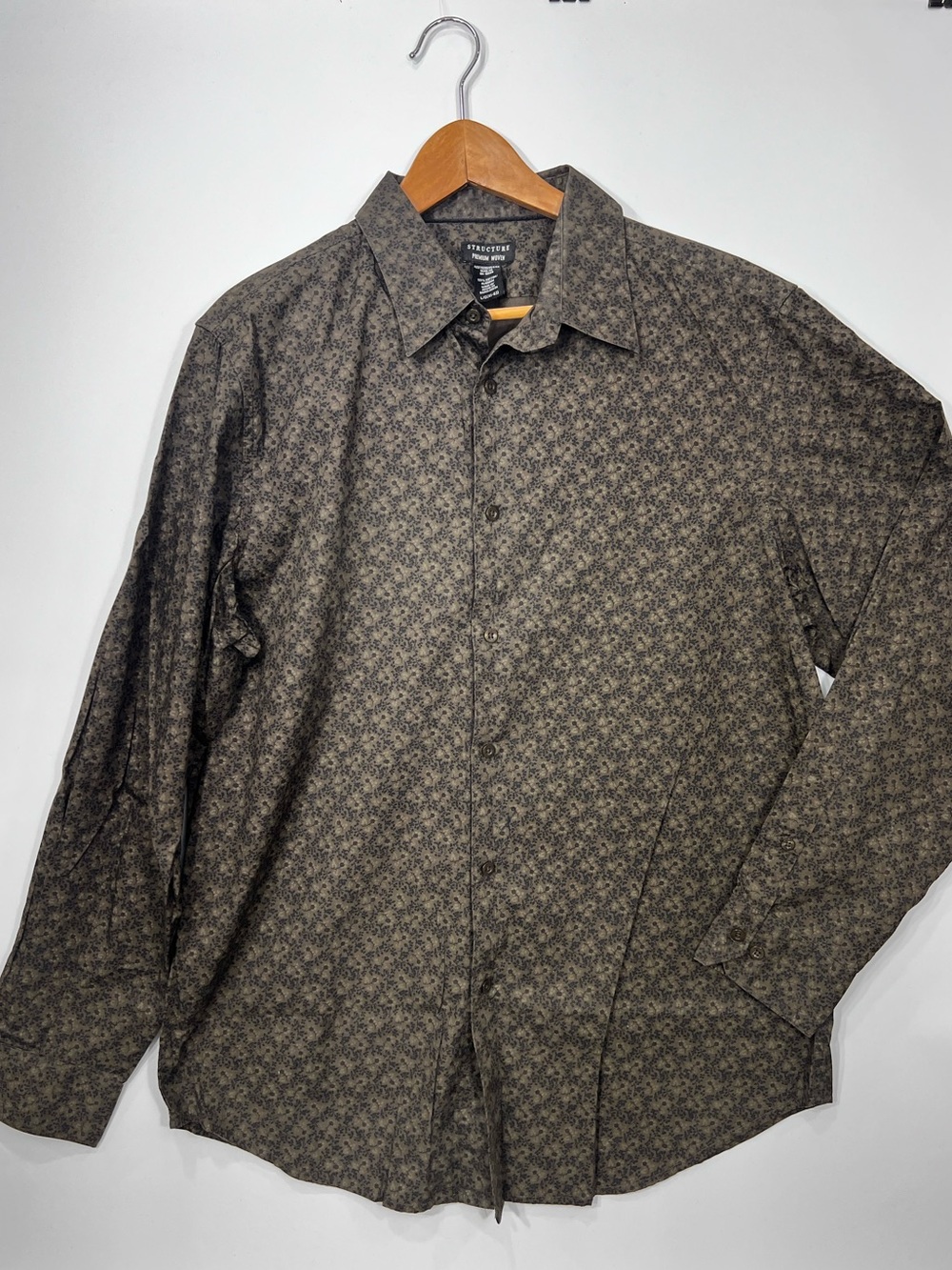 Structure Brown Micro-Print Long Sleeve Button-Down Shirt